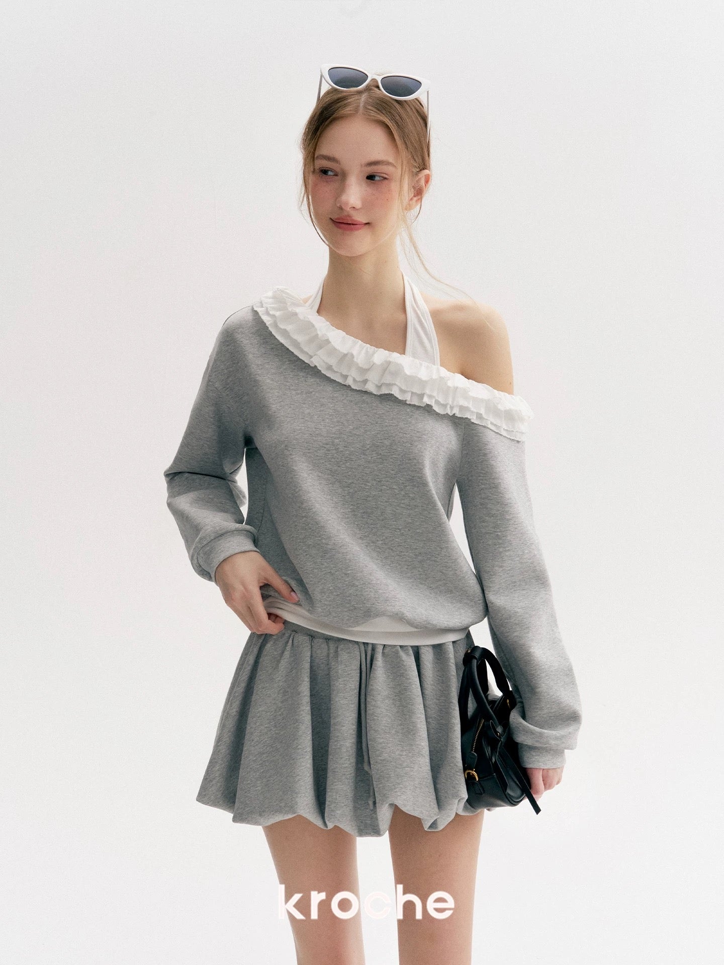 Kroche Color blocking lace fake two-piece hoodie+ skirt set
