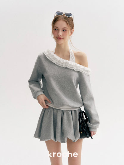 Kroche Color blocking lace fake two-piece hoodie+ skirt set