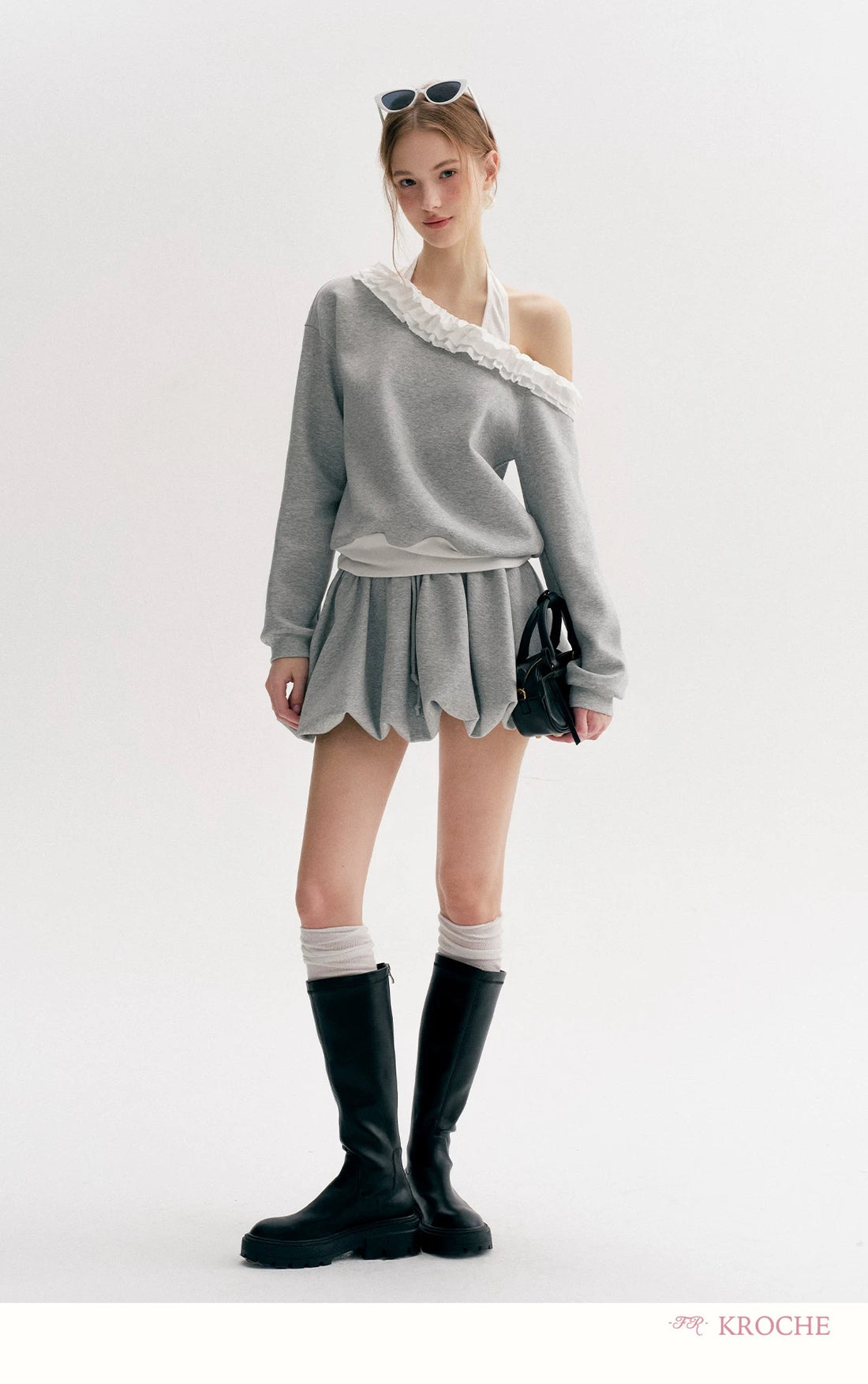 Kroche Color blocking lace fake two-piece hoodie+ skirt set