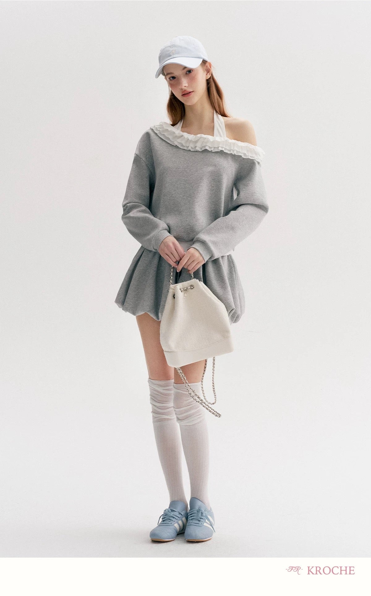 Kroche Color blocking lace fake two-piece hoodie+ skirt set