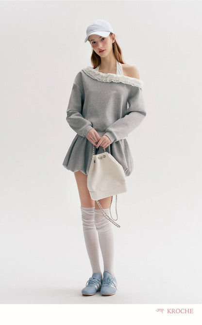 Kroche Color blocking lace fake two-piece hoodie+ skirt set