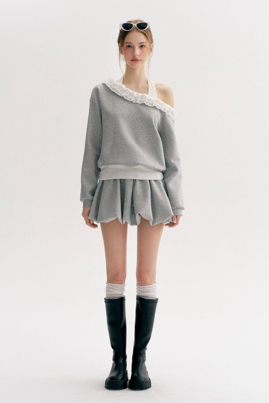 Kroche Color blocking lace fake two-piece hoodie+ skirt set