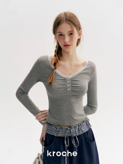 Kroche Lace patchwork slim fit long sleeved T-shirt