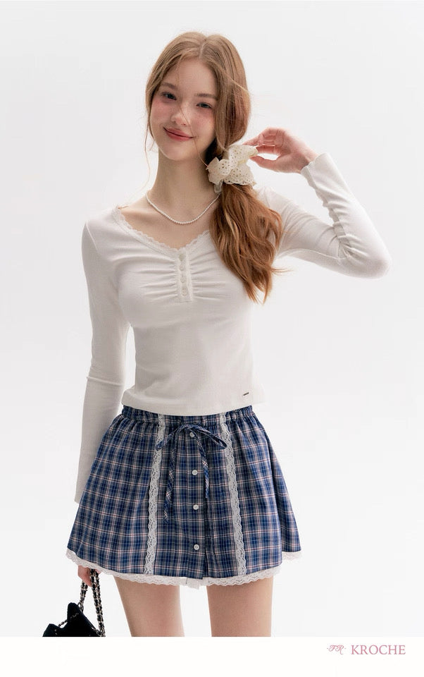 Kroche Lace patchwork slim fit long sleeved T-shirt