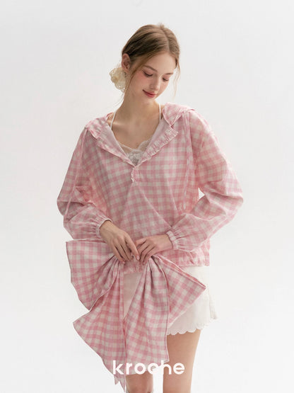 Kroche Plaid hooded loose fitting pullover top