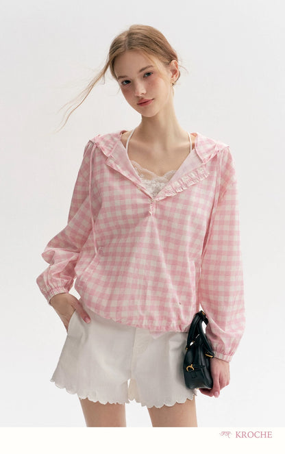 Kroche Plaid hooded loose fitting pullover top