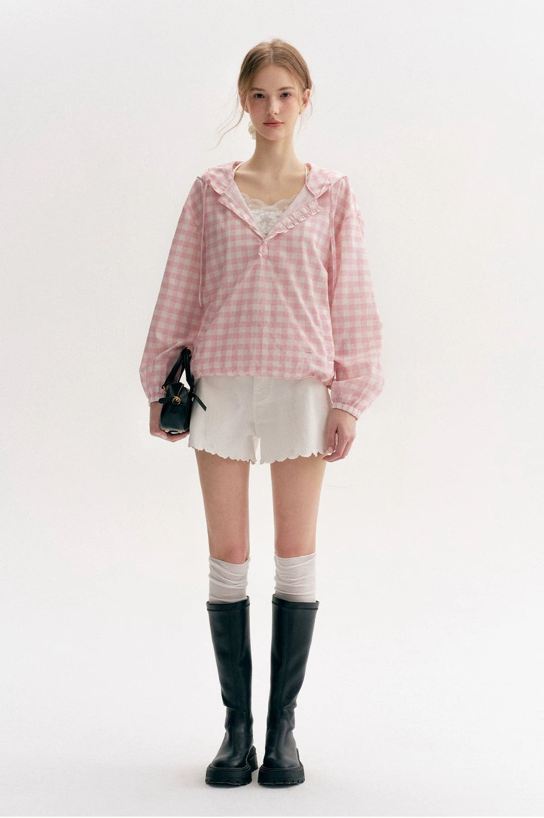 Kroche Plaid hooded loose fitting pullover top
