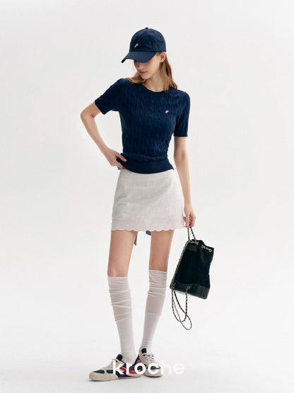 Kroche Bow exposed waist spliced knitted short sleeved T-shirt