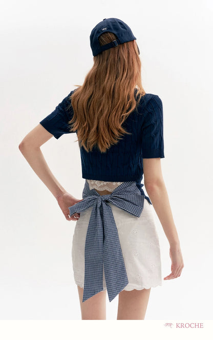 Kroche Bow exposed waist spliced knitted short sleeved T-shirt