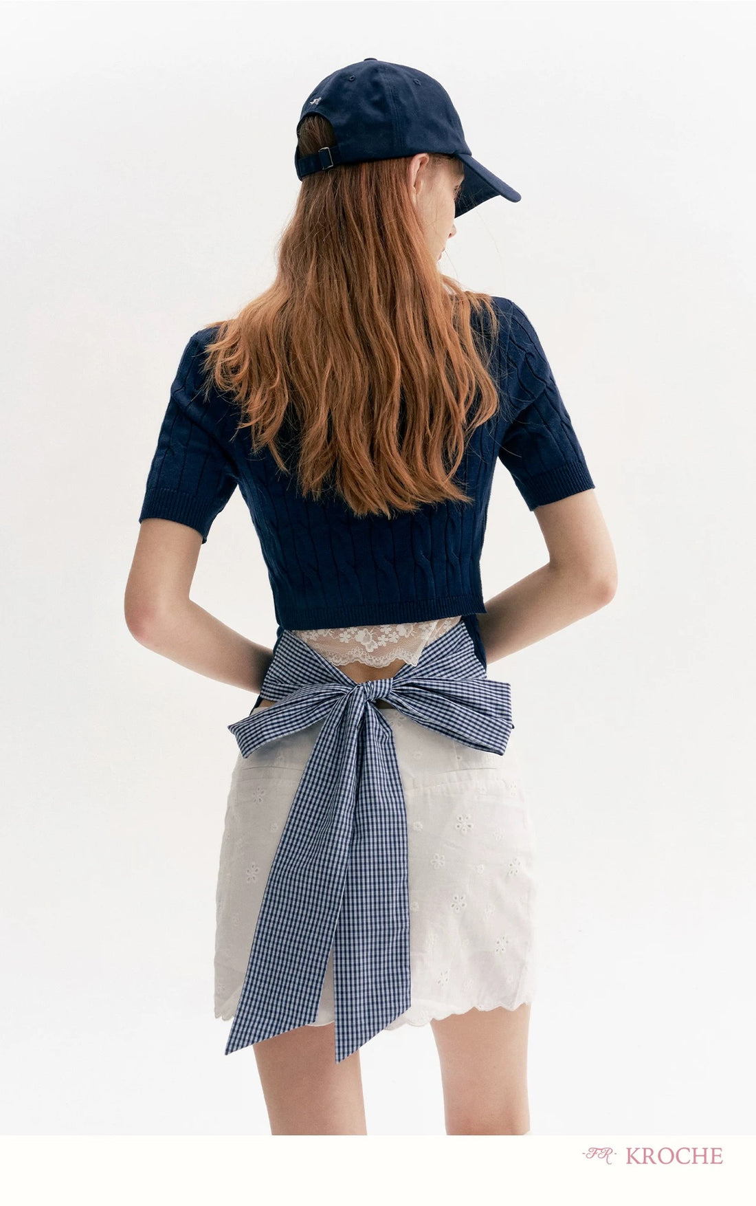 Kroche Bow exposed waist spliced knitted short sleeved T-shirt