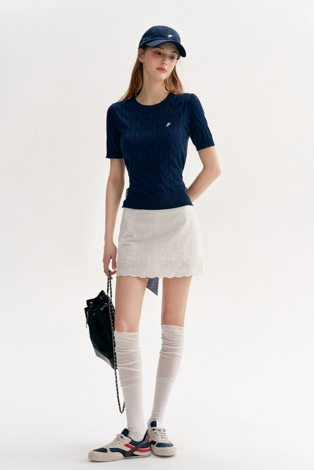 Kroche Bow exposed waist spliced knitted short sleeved T-shirt