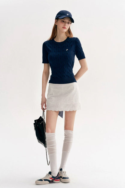 Kroche Bow exposed waist spliced knitted short sleeved T-shirt