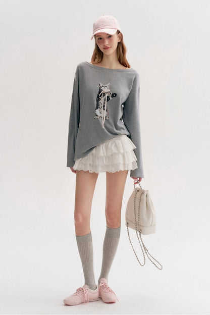 Kroche Cat printed loose long sleeved T-shirt