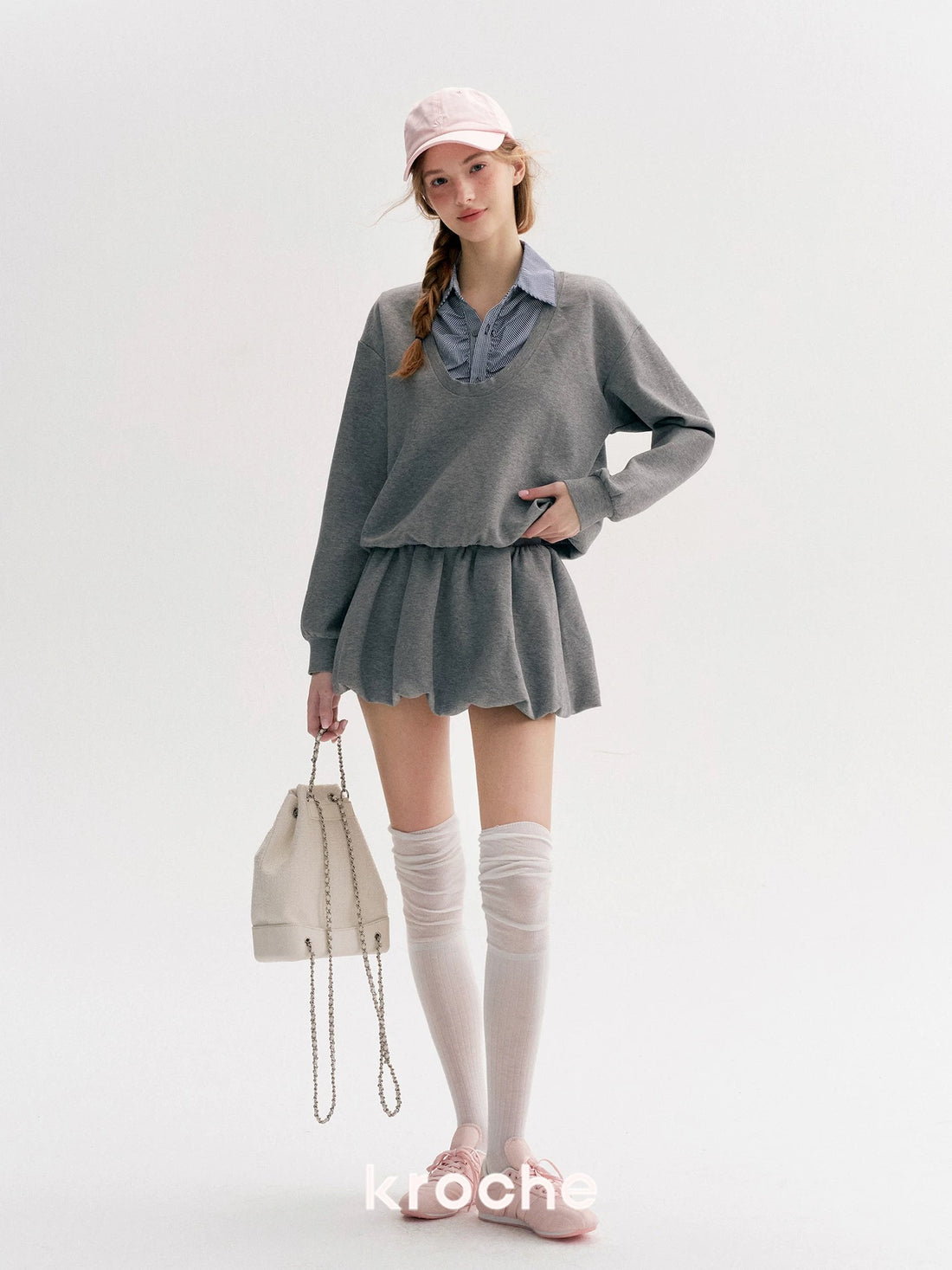 Kroche Plaid splicing fake two-piece hoodie + skirt set