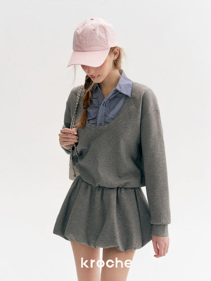 Kroche Plaid splicing fake two-piece hoodie + skirt set