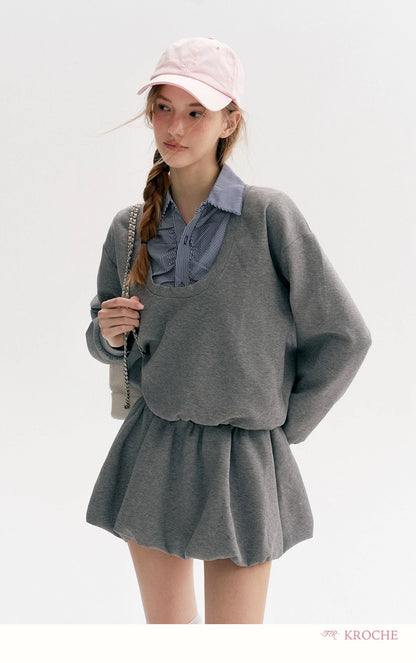 Kroche Plaid splicing fake two-piece hoodie + skirt set