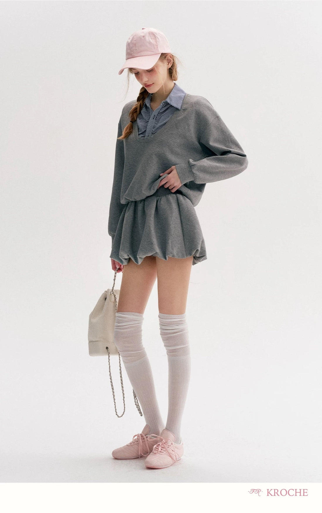 Kroche Plaid splicing fake two-piece hoodie + skirt set