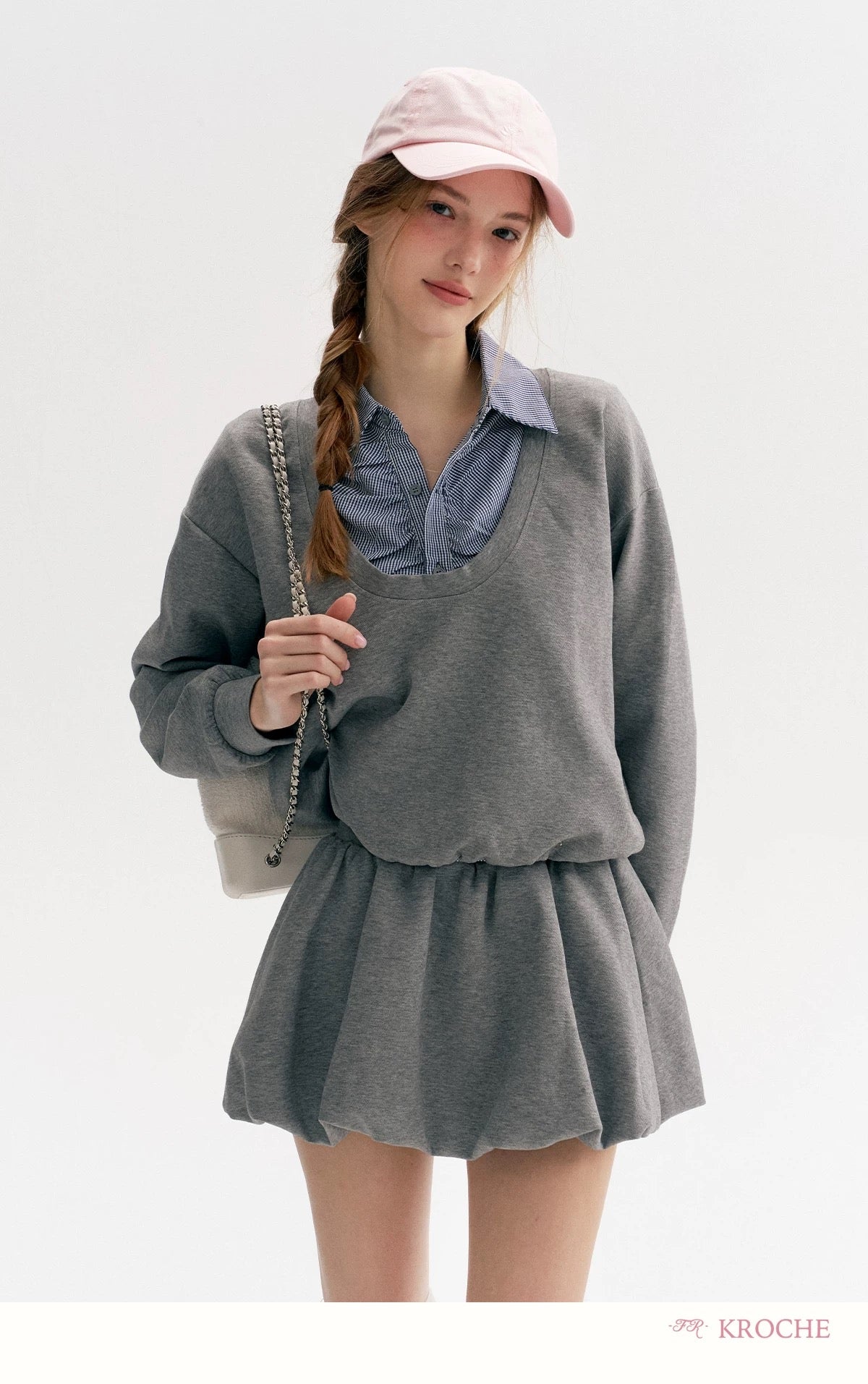 Kroche Plaid splicing fake two-piece hoodie + skirt set