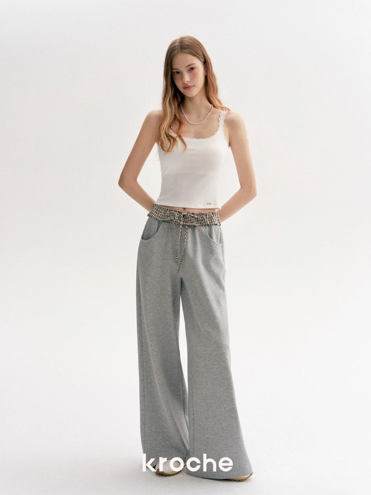 Kroche Color blocking plaid lace patchwork loose pants