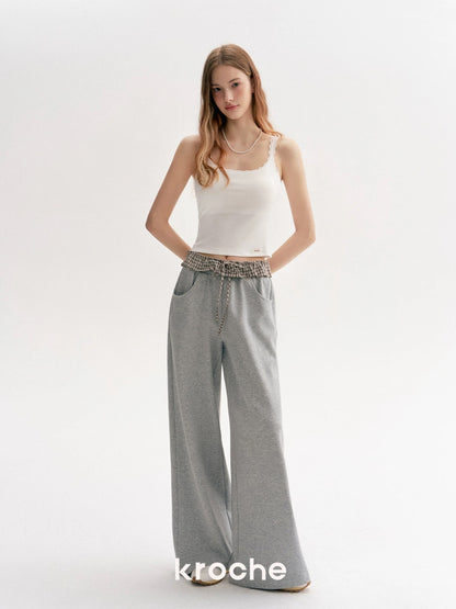 Kroche Color blocking plaid lace patchwork loose pants