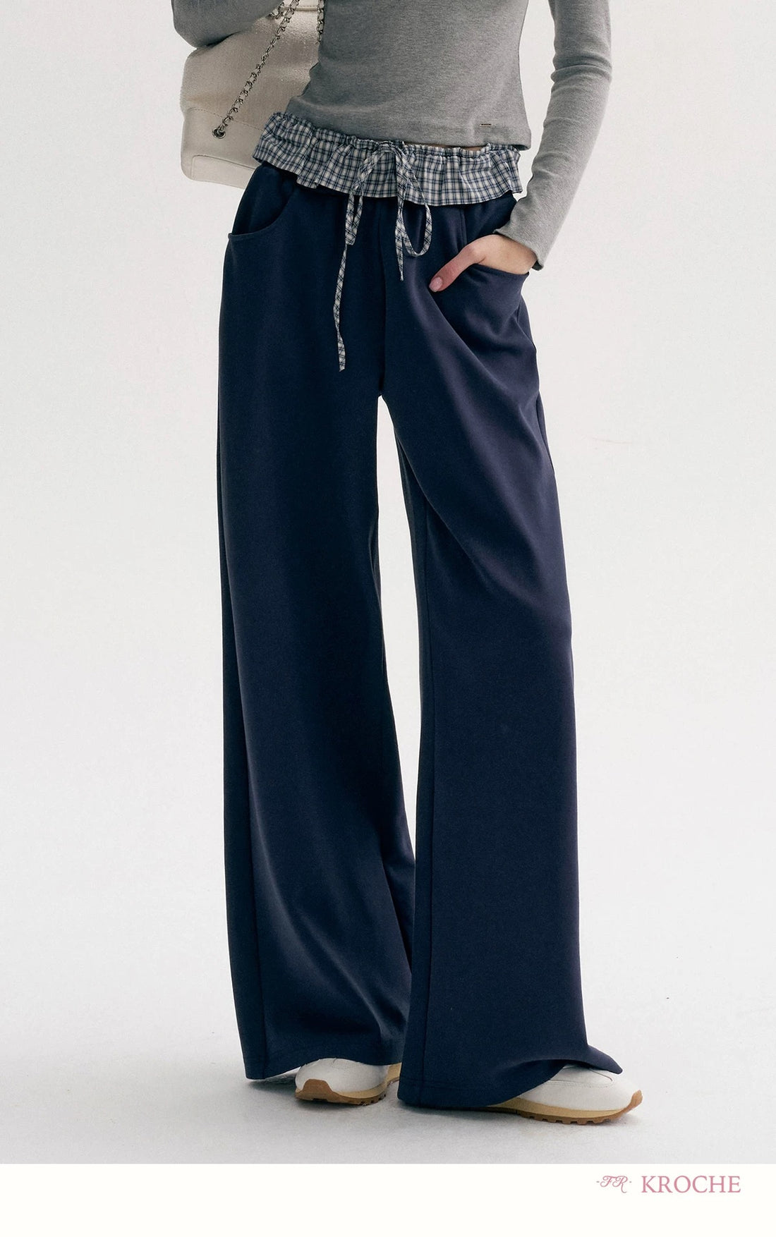 Kroche Color blocking plaid lace patchwork loose pants