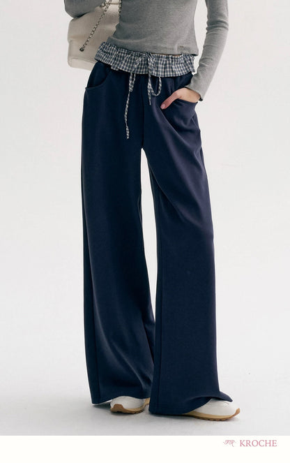 Kroche Color blocking plaid lace patchwork loose pants