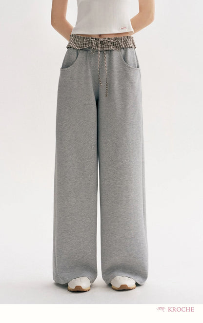 Kroche Color blocking plaid lace patchwork loose pants