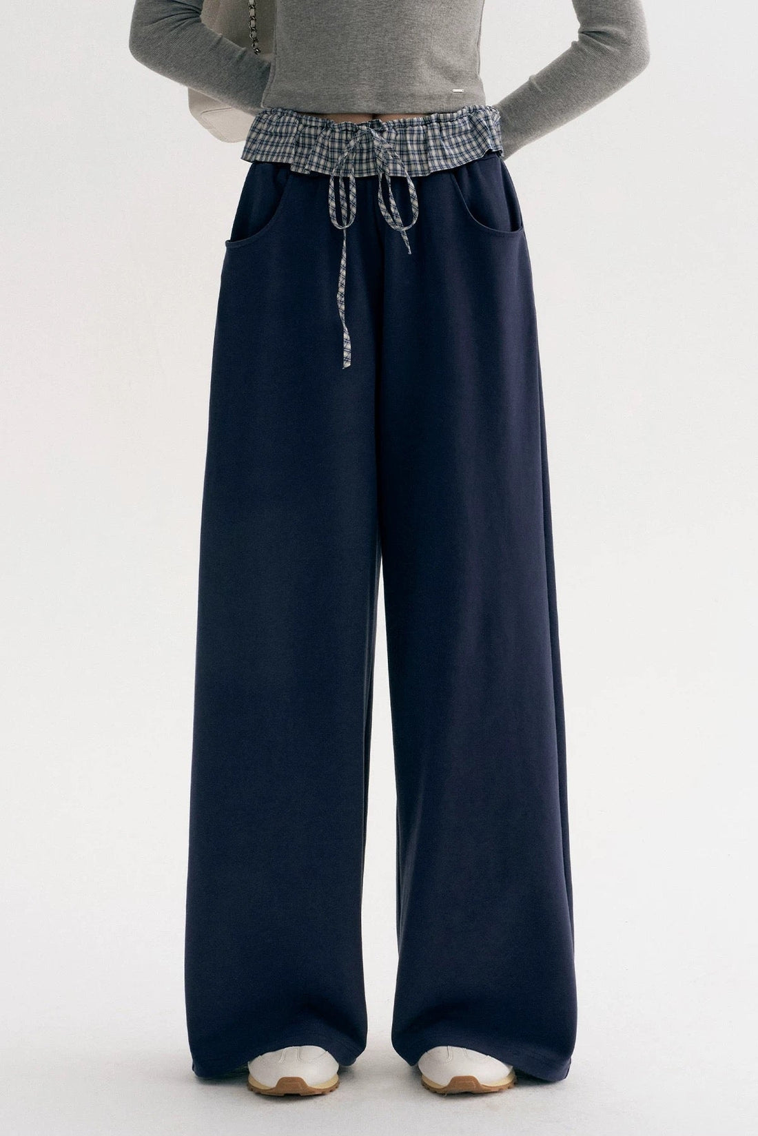 Kroche Color blocking plaid lace patchwork loose pants