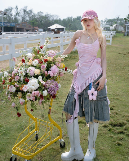 SWAN Closet Pink rose camisole top + Denim cropped pants set
