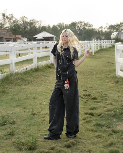 SWAN Closet Black denim top + pants set