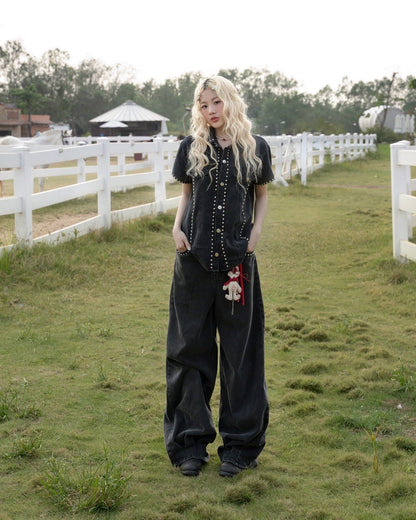SWAN Closet Black denim top + pants set