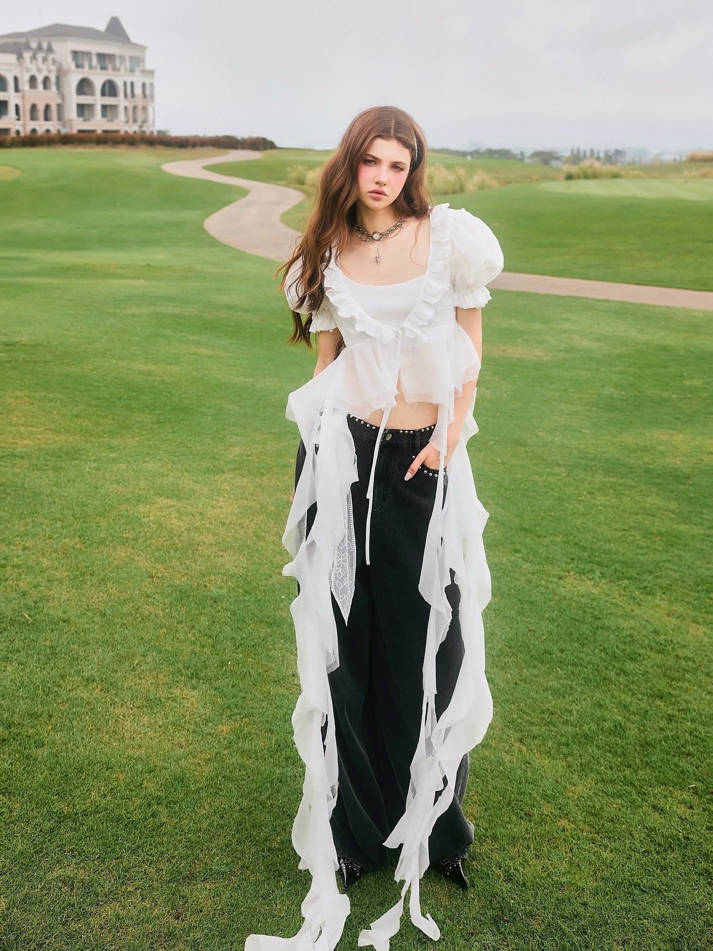 SWAN Closet Puff sleeve ribbon top + pants set