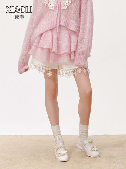 XIAOLI Solid color knitted skirt (Pink)