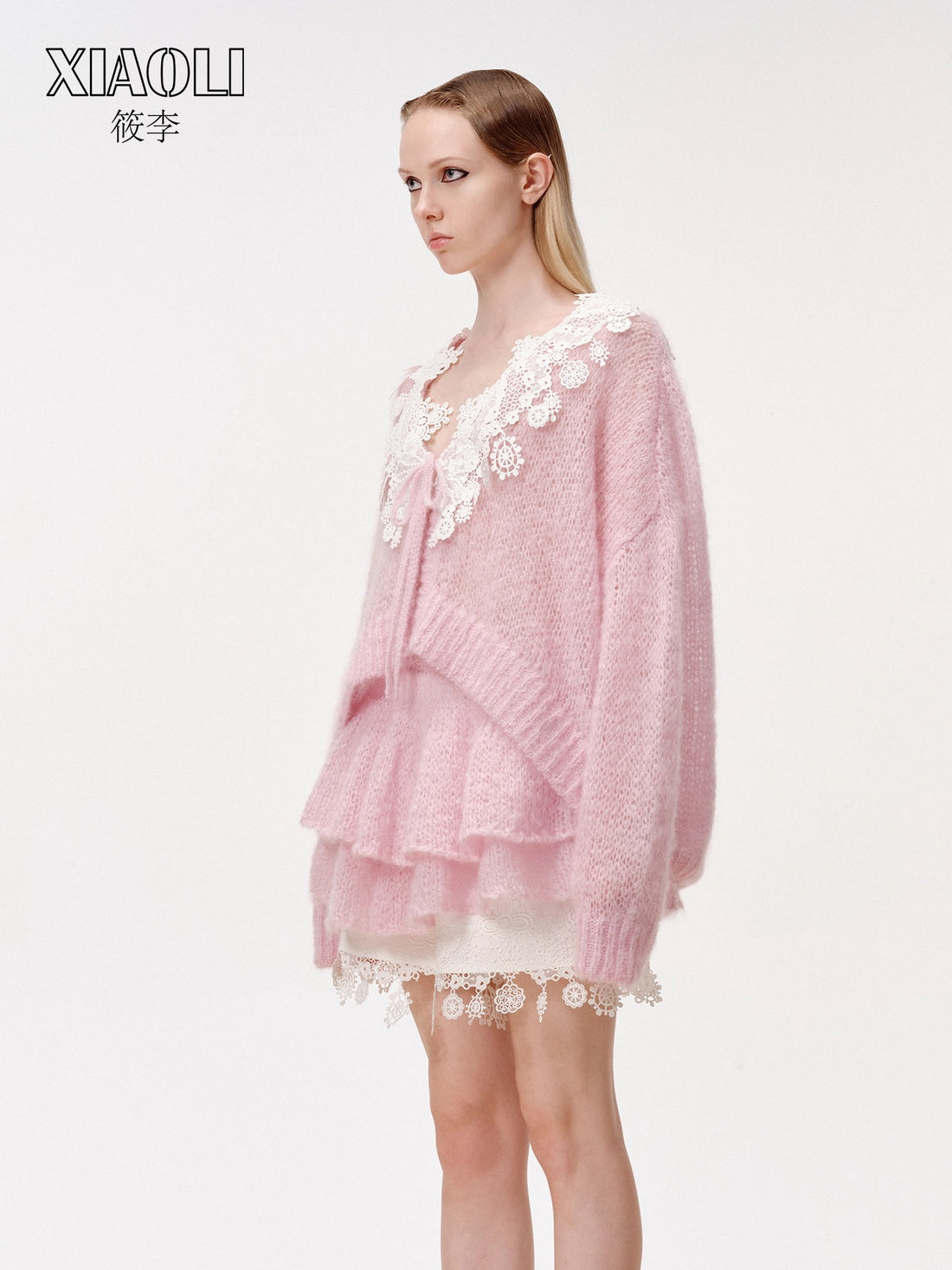 XIAOLI Knitted rope lace cardigan (Pink)