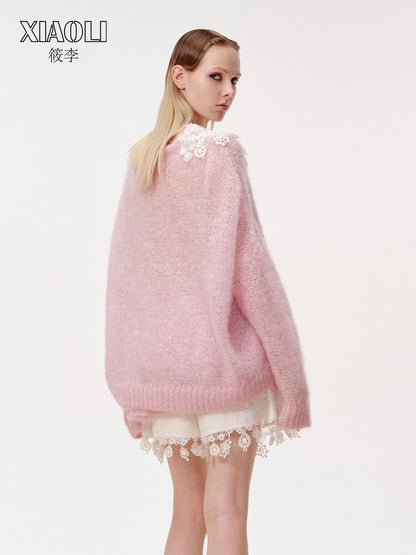 XIAOLI Knitted rope lace cardigan (Pink)