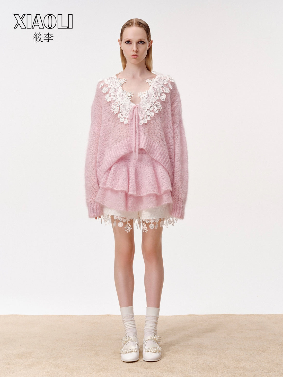 XIAOLI Knitted rope lace cardigan (Pink)