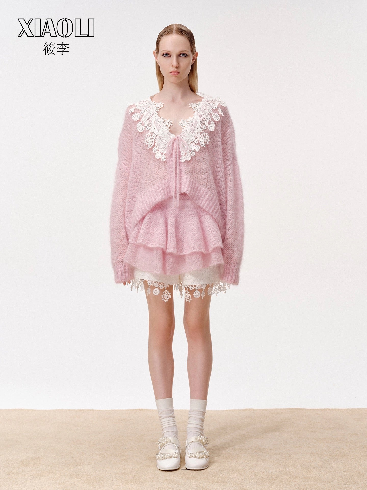 XIAOLI Knitted rope lace cardigan (Pink)