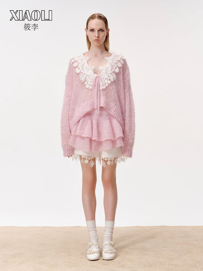 XIAOLI Knitted rope lace cardigan (Pink)