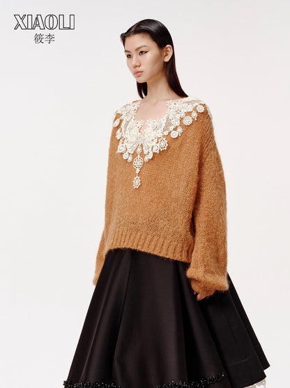 XIAOLI Leisure pullover lace sweater (Khaki)