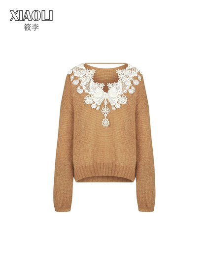 XIAOLI Leisure pullover lace sweater (Khaki)