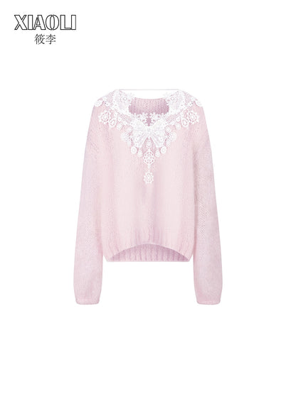 XIAOLI Leisure pullover lace sweater (Pink)