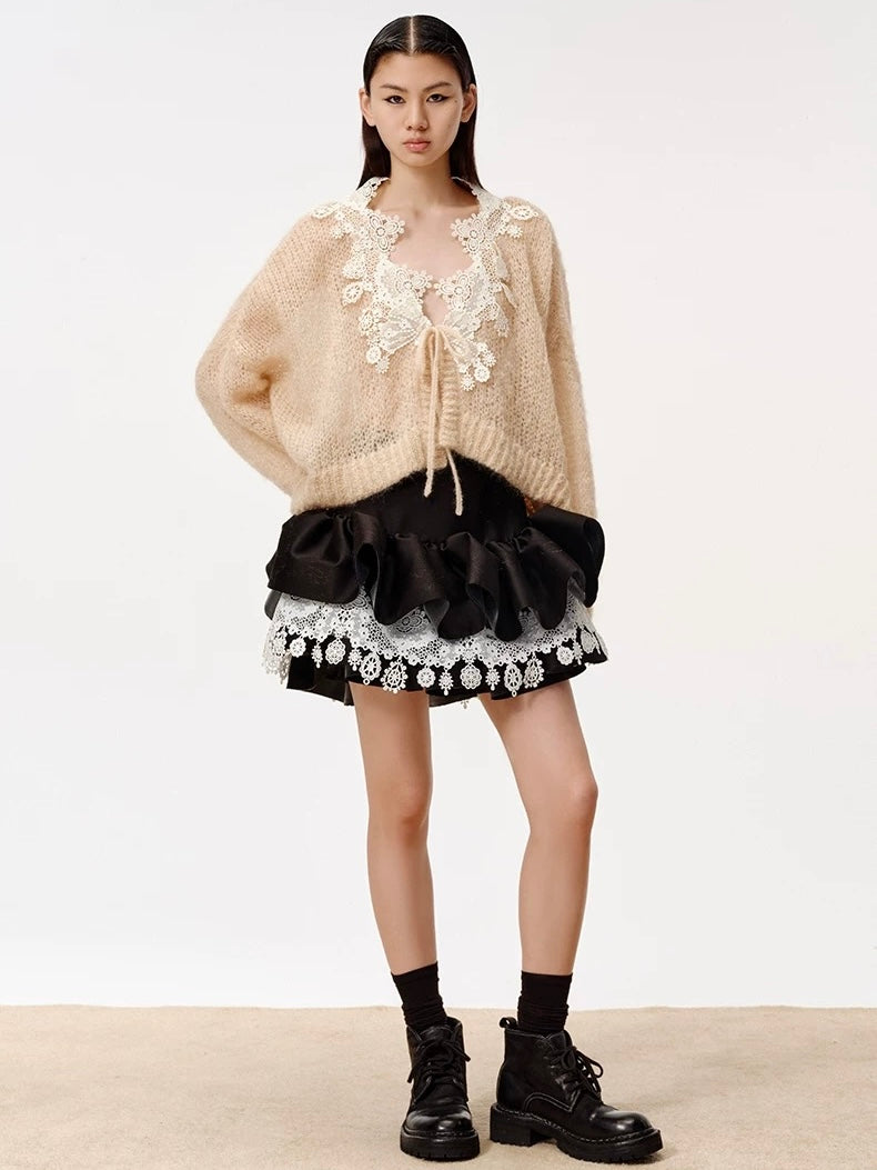 XIAOLI Knitted rope lace cardigan &amp; skirt (3color)