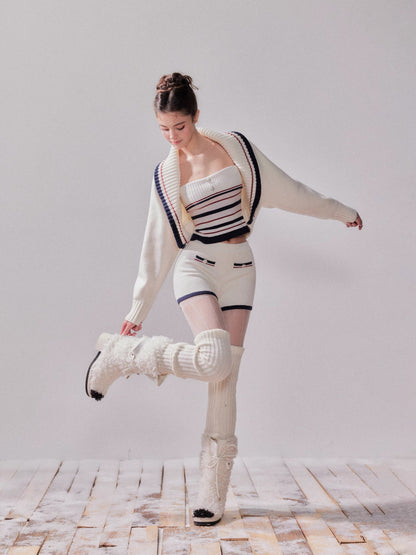 YZZI HE Lazy style striped knitted cardigan + shorts set (White)