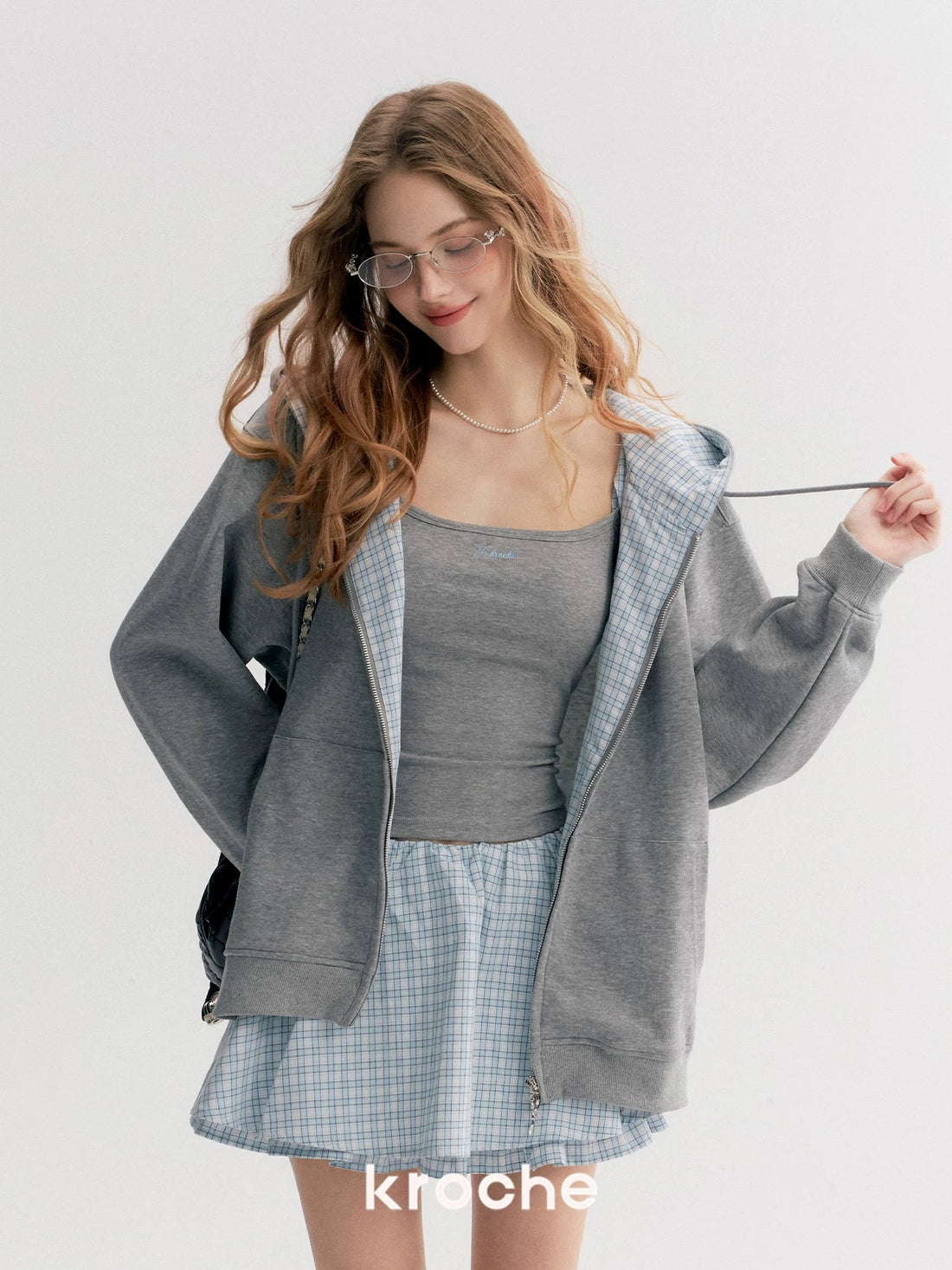 Kroche Plaid patchwork hooded sweatshirt + skirt + vest set