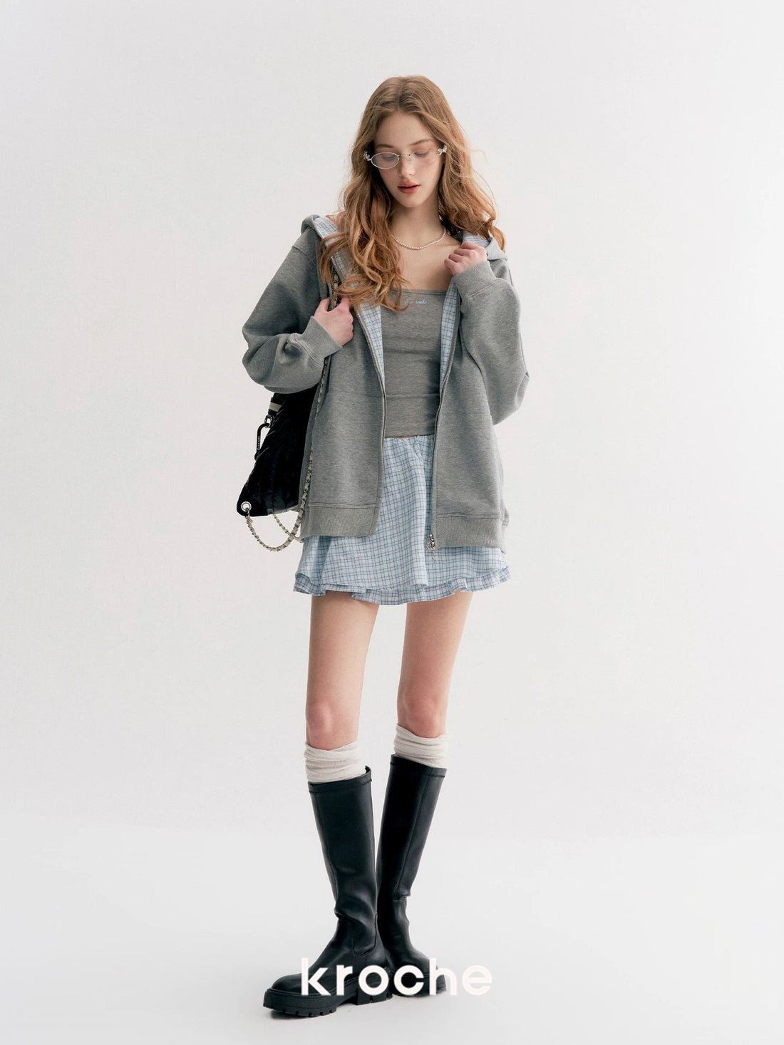 Kroche Plaid patchwork hooded sweatshirt + skirt + vest set