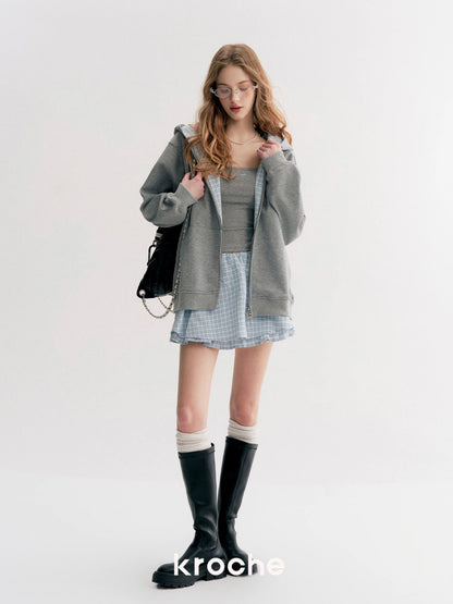Kroche Plaid patchwork hooded sweatshirt + skirt + vest set