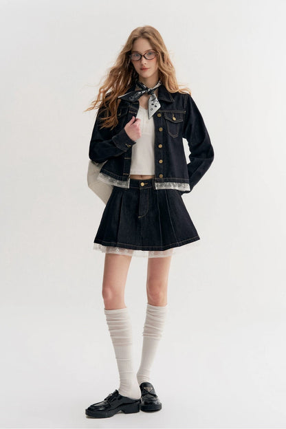 Kroche Lace patchwork denim jacket + skirt set