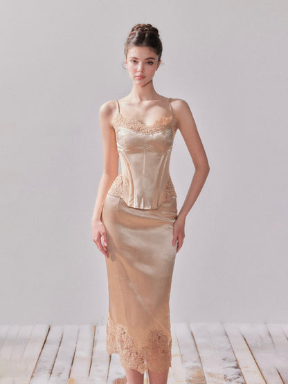 YZZI HE Lace satin fishbone waist camisole + skirt