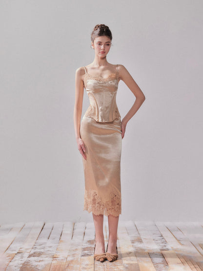 YZZI HE Lace satin fishbone waist camisole + skirt