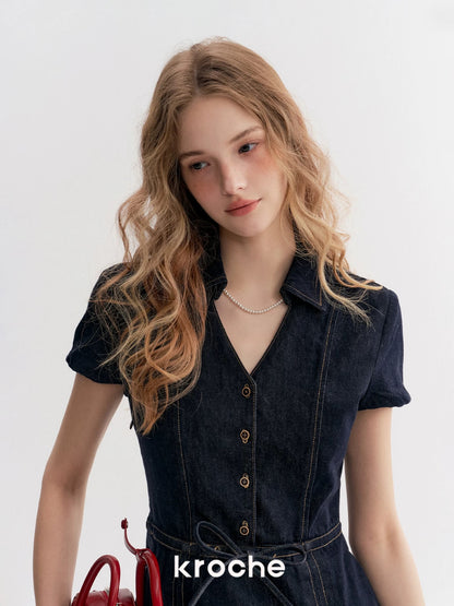 Kroche Denim lace up waist cinching dress